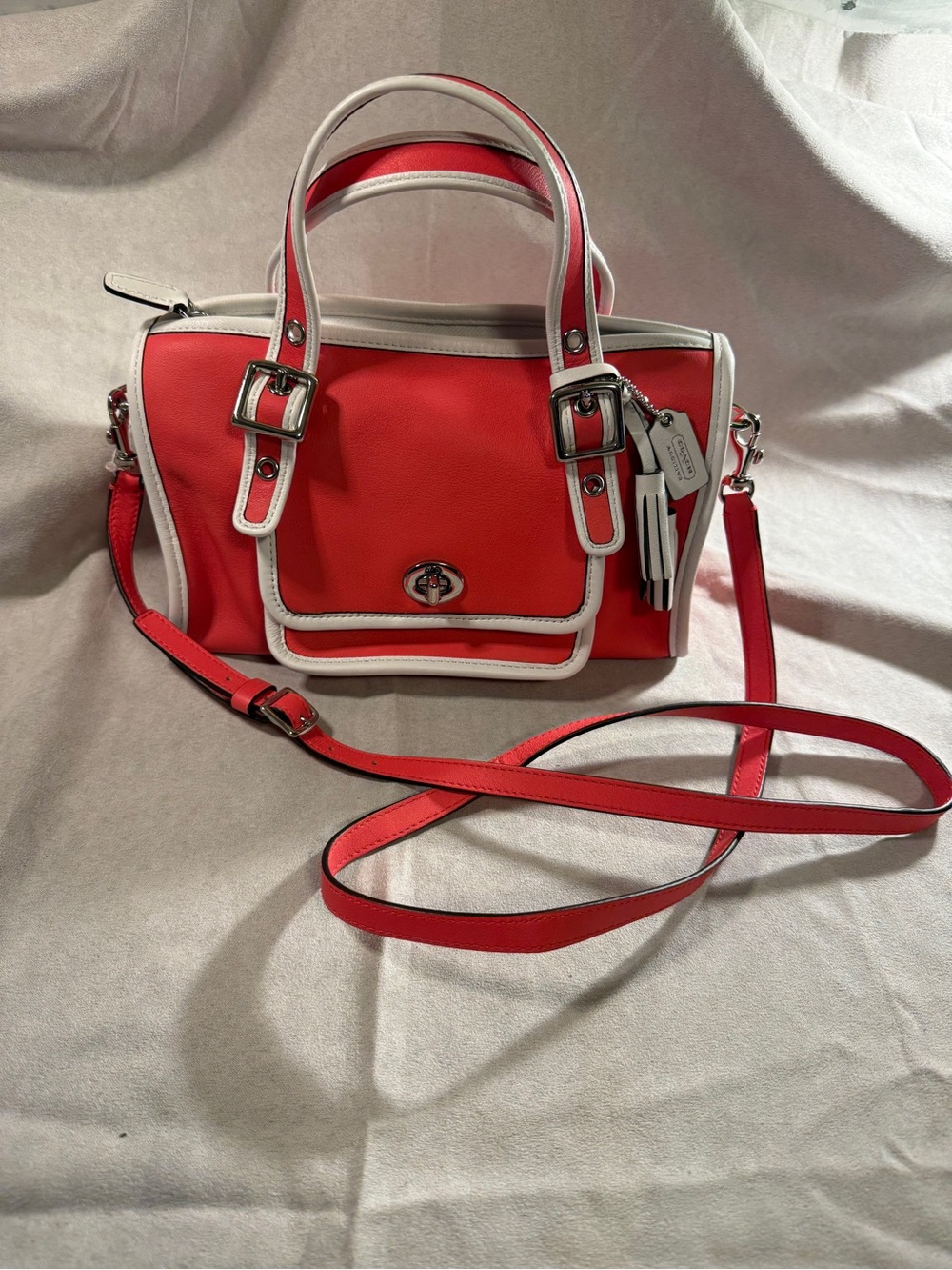 Coral and White Coach Legacy Archive Two Tone Mini Satchel